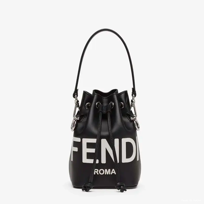 Vintage HOT Fendi Tresor Bag Bucket ROMA Logo Mon In Calf White Leather Mini Black 0625
